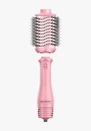 Rosa Revlon Haartrocknerbürste mit rundem Borstenzylinder und Schiebeschalter am Griff vor weißem Hintergrund.