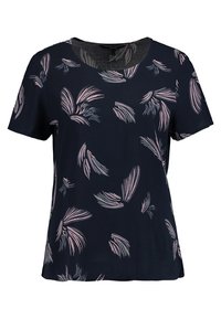 Laivaston lyhythihainen paita, jossa on pyöreä pääntie, ja joka on koristeltu vaaleanpunaisilla ja vaaleansinisillä lehtikuvioilla sileällä kankaalla.