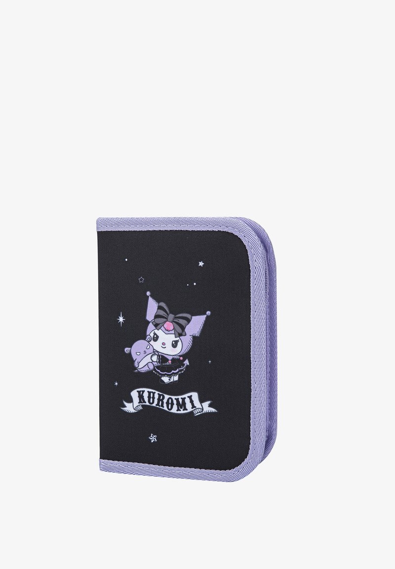Small black and purple pouch with cartoon character holding a stuffed animal, surrounded by stars, and "KUROMI" text on the front.