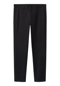 Schwarze Hose aus glattem Stoff, mit Knopfverschluss, zwei Vorderentaschen und geradem Bein. Keine Muster oder Akzente.