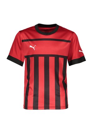 Rot-schwarz gestreiftes Sporttrikot mit kurzen Ärmeln und Rundhalsausschnitt. Mit Puma-Logo in Weiß auf den Ärmeln und im Brustbereich.