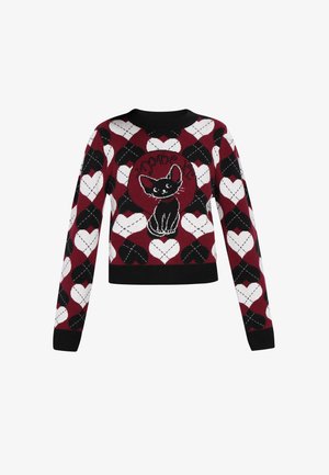 Maglione a maglia in bordeaux, nero e bianco con motivi a forma di cuore. Presenta una grafica di un gatto nero al centro e un collo rotondo.