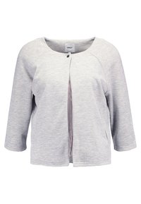 Gray lightweight cardigan with three-quarter sleeves, open front, and round neckline. Features a smooth texture and subtle sheen.