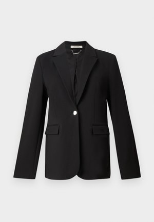 Black blazer made of smooth fabric with a notched lapel, single button closure, and two front pockets. Tailored fit with long sleeves.