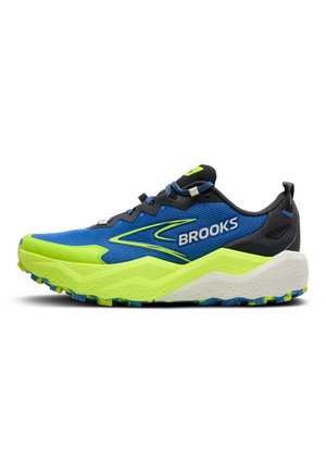 Brooks Laufschuh mit einem Design in Blau und Neon-Gelb, texturiertem Obermaterial, gepolstertem Mittelsohlen und einer robusten Außensohle für guten Halt.