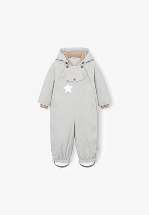 Lys grå heldragt til sne med hætte, beige foring, trykknap- og knaplukninger og stjerneformet mærke. Inkluderer fodstropper for sikker pasform.