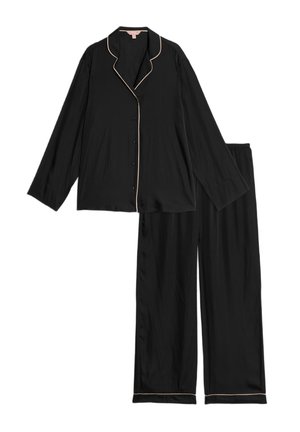 Schwarzes Pyjama-Set aus glattem Stoff, bestehend aus einer langärmligen, knöpfbaren Bluse mit Reverskragen und kontrastierenden, hellen Paspeln sowie einer lockeren Hose.