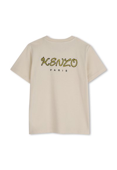 T-shirt beige in cotone con la scritta 'KENZO' in nero e giallo e 'PARIS' sotto, maniche corte e design a girocollo.