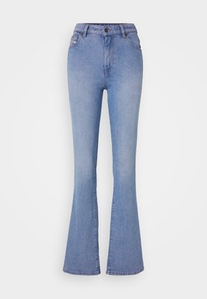 Lyseblå utsvingte jeans laget av denim, med høy midje og klassisk fem-lommersdesign med subtile stingdetaljer.