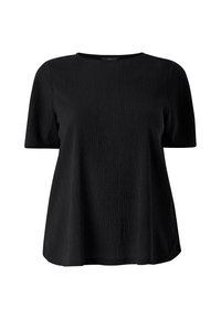 Maglietta nera a maniche corte con scollatura tonda, tessuto testurizzato con sottili pieghe e vestibilità comoda, ideale per un look casual.