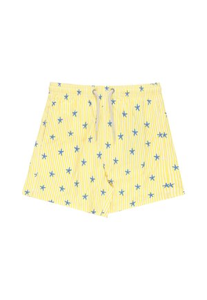 Costume da bagno giallo con righe verticali bianche e motivi di stelle marine blu, con coulisse bianca in vita.
