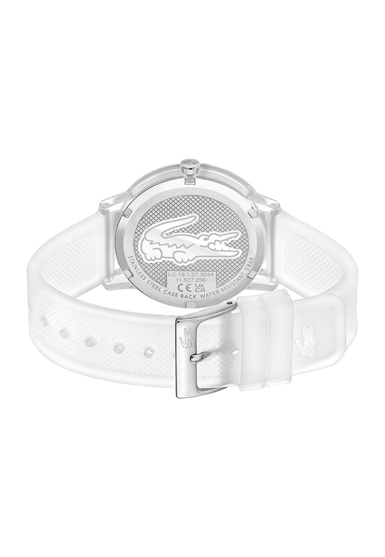Reloj blanco de silicona con caja redonda transparente, fondo de acero inoxidable y logotipo en relieve. Presenta una correa texturizada y hebilla plateada.