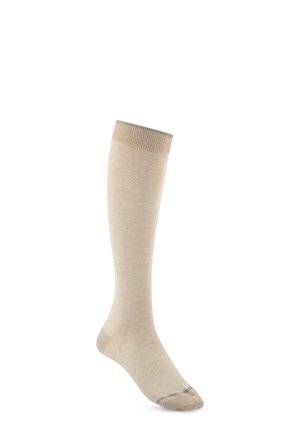 Chaussette beige montant jusqu'au genou avec bord-côtes et zones renforcées aux orteils et au talon, présentée sur un fond blanc uni.