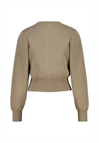 Cropped sweater in light beige, knitted fabric with ribbed hem and cuffs, round neckline, and balloon sleeves. Smooth texture.