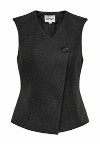 Gilet grigio senza maniche con scollatura a V, realizzato in tessuto testurizzato, con chiusura a un bottone e taglio sartoriale.