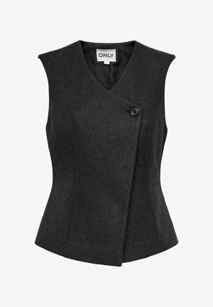 Gilet sans manches gris avec un col en V, en tissu texturé, doté d'une fermeture à un bouton et d'une coupe ajustée.