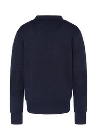 Navyblauer, gestrickter Pullover mit geripptem Muster an den Ärmeln und einem tiefen Kragen, einem schlichten Rückendesign und eng anliegenden Bündchen.