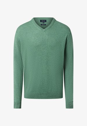 Pull vert en V fabriqué en maille douce. Il présente des manches longues et un ourlet côtelé, avec une texture subtile sur l'ensemble.