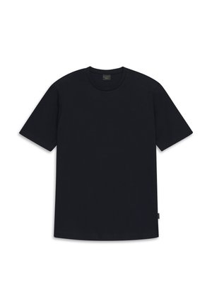 Schwarzes T-Shirt mit kurzen Ärmeln und Rundhalsausschnitt, schlicht gestaltet, mit einem kleinen Stoffetikett an der linken Seitennaht.