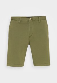 Olivgröna herrknäshorts i knälängd med knappstängning och bältesögu, liggande platt på en enkel vit bakgrund.