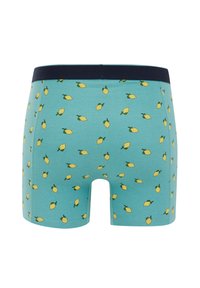 Tirkizne bokserice s tamnoplavim pojasom, s ponovljenim uzorkom limuna, izrađene od mekog pamučnog materijala.