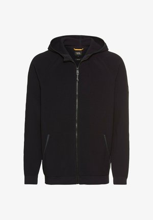 Navy zip-up hoodie with a textured knit, raglan sleeves, two front pockets, and a hood. Includes a contrasting inner collar detail.