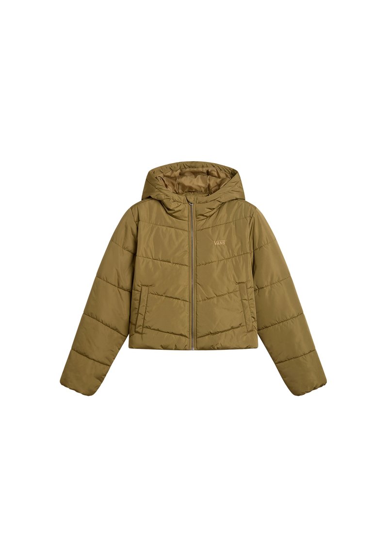 Giacca trapuntata khaki con cappuccio, dotata di zip frontale, texture trapuntata, due tasche laterali e logo sul petto.