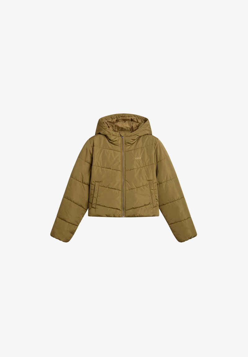 Khaki Pufferjacke mit Kapuze, featuring einen Frontreißverschluss, gestepptem Muster, zwei Seitentaschen und einem Logo auf der Brust.