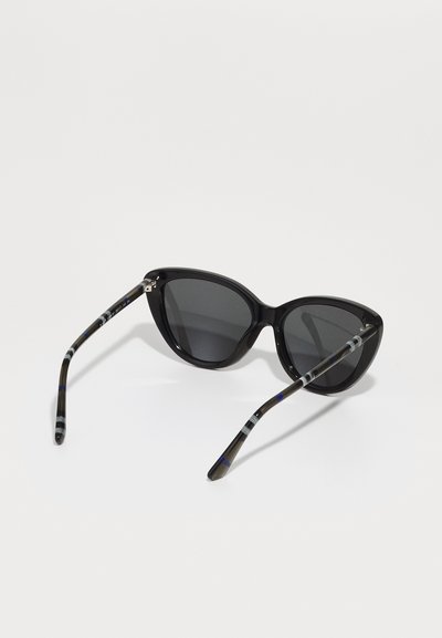 Cat-eye sunglasses with black plastic frames and dark lenses. Temples feature a striped design in gray and blue accents.