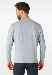 Sudadera gris con mangas largas, cuello redondo, puños y dobladillo de canalé. Textura suave y diseño ajustado, vista desde la parte de atrás.