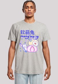 Gray cotton t-shirt featuring a colorful graphic design with cartoon food, text in blue and pink, and playful illustrations. Short sleeves, relaxed fit.
