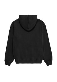 Czarna bluza z kapturem z długimi rękawami, sznurkiem do regulacji kaptura oraz prążkowanym dołem. Wykonana z miękkiego materiału o gładkiej fakturze.