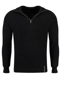 Schwarzer Strickpullover mit hohem Kragen und einem Frontreißverschluss. Verfügt über eine gerippte Textur und Bündchen sowie ein dezentes Akzent am unteren Saum.