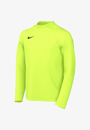 Camiseta deportiva de manga larga de neón amarillo brillante con cuello redondo y pequeño logo negro de Nike en el pecho izquierdo.