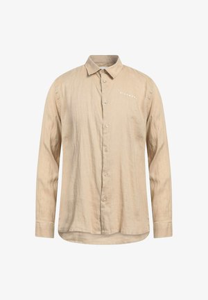 Camicia beige a maniche lunghe realizzata in tessuto leggero. Presenta una chiusura con bottoni frontale, colletto standard e logo stampato sul lato sinistro del petto.
