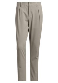 Beżowe spodnie na miarę o gładkiej fakturze, z przednimi zakładkami, pojedynczym zapięciem na guzik i prostymi nogawkami.