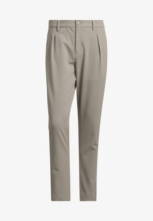 Beige maßgeschneiderte Hose mit glatter Textur, vorne mit Bügelfalten, Einzelknopfverschluss und geradem Bein.