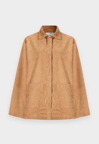Ανοιχτό καφέ δερμάτινο τζάκετ με κλασικό γιακά, κρυφά κουμπιά μπροστά, μακριά μανίκια και δύο μπροστινές τσέπες με ραφή.