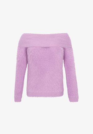 Hellblau-lila schulterfreier Pullover aus flauschigem Material mit langen Ärmeln und gerippten Kanten, der eine weiche Textur aufweist.