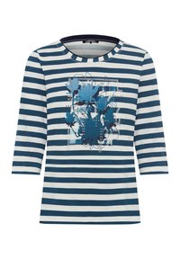 Langarmshirt mit blauen und weißen Streifen, blühendem blauen Grafikdesign und kleinen metallischen Nieten auf der Vorderseite.