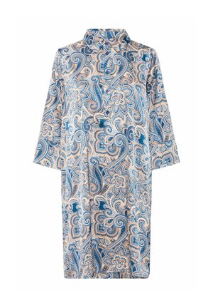 Patroon jurk met een blauw en perzik bloemenmotief, lange mouwen, een kraag en een knoopsluiting aan de voorkant. Gemaakt van lichtgewicht stof.