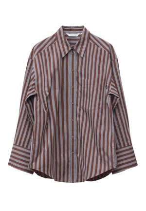 Camicia marrone con bottoni, righe verticali azzurro chiaro e bianche, maniche lunghe, taschino sul petto e colletto a punta.