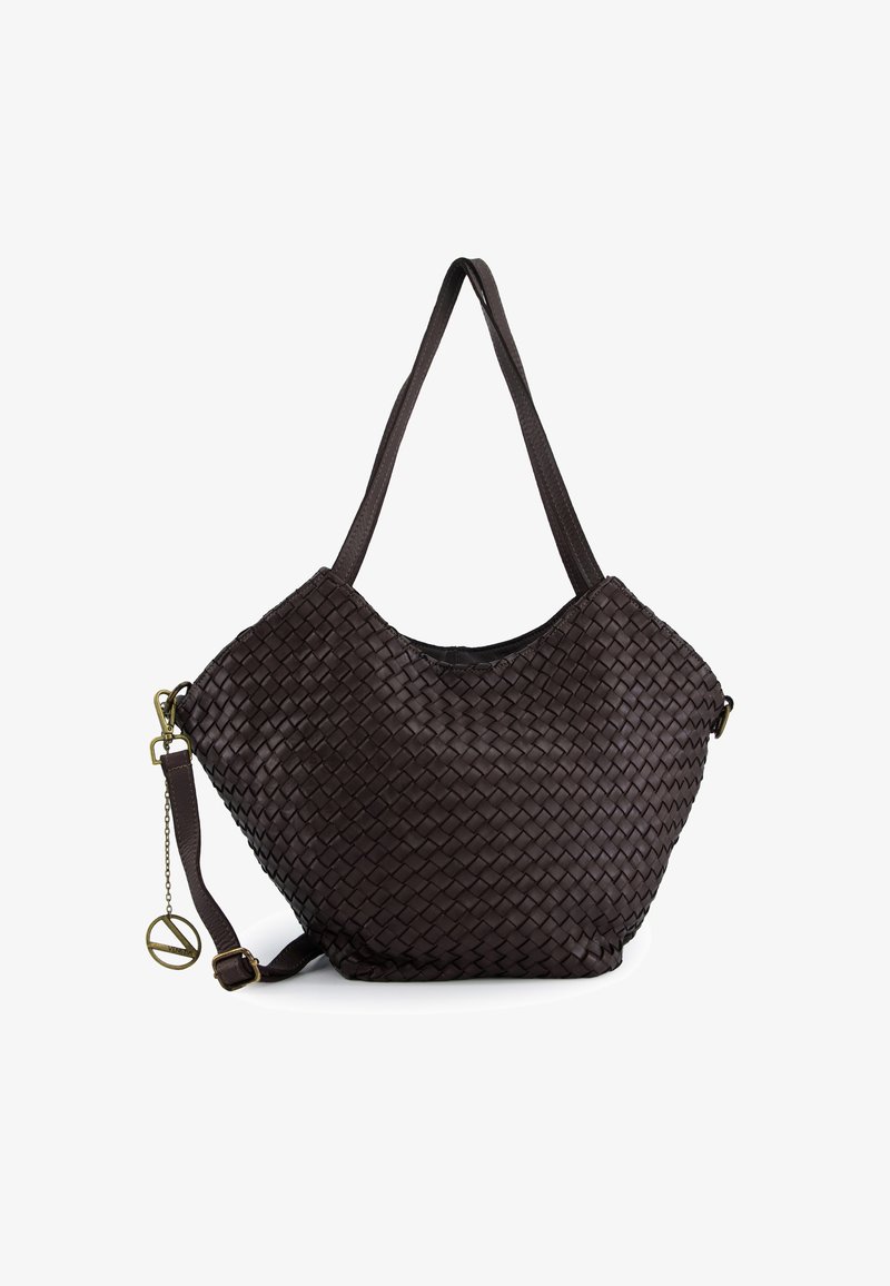 Ciemnobrązowa torba skórzana pleciona w kształcie zakrzywionym, z podwójnymi ramiączkami oraz odpinanym akcentującym breloczkiem z logo marki.