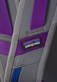 Patagonia harness featuring grey fabric with purple and blue straps. Includes a black logo patch with multicolored mountain design.