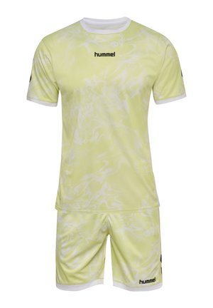Light yellow sports jersey and shorts set with subtle white pattern, white collar and sleeve edges, and black "hummel" logos on chest and shorts.