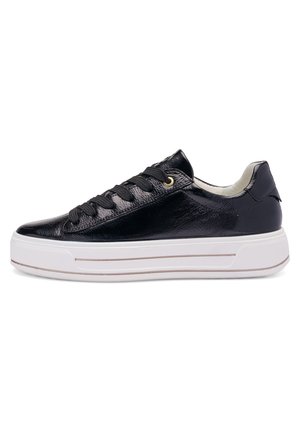 Low-top black leather sneaker with black laces and a thick white sole, shown from the outer side on a white background.