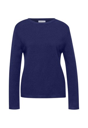 Maglione a maniche lunghe blu navy realizzato in morbido tessuto a maglia, con scollatura tonda e polsini e orlo a costine, dal design semplice.