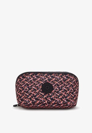 Astuccio cosmetico nero con motivo floreale in rosa e arancione. Chiusura con zip e logo brandizzato sul davanti. Tessuto dalla consistenza liscia.