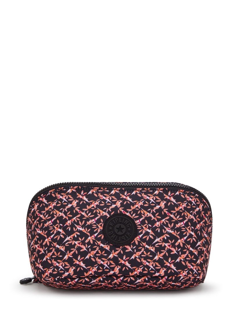 Astuccio cosmetico nero con motivo floreale in rosa e arancione. Chiusura con zip e logo brandizzato sul davanti. Tessuto dalla consistenza liscia.