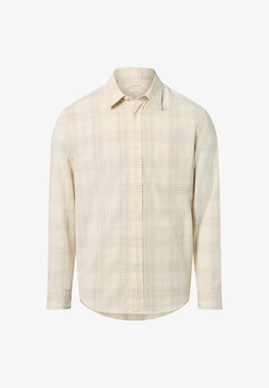 Hellbeiges Langarmhemd mit Karomuster, ausgestattet mit einem Button-Down-Kragen und einer einzelnen Brusttasche, aus weichem Material gefertigt.